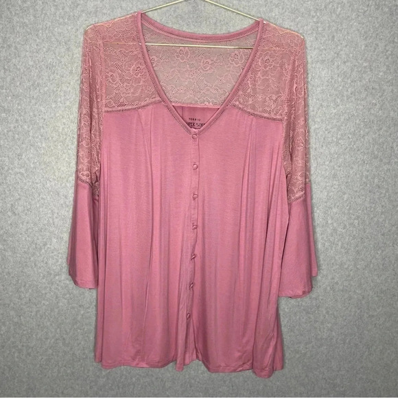 Torrid Super Soft Pink Lace Bell Sleeve Button Down V Neck Top - Picture 1 of 6